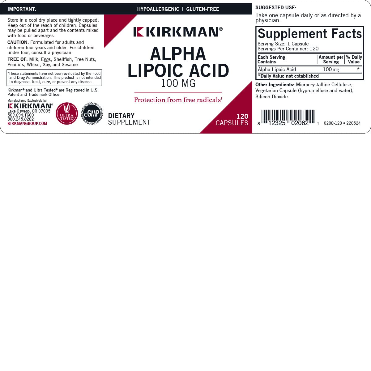Kirkman Alpha Lipoic Acid 100 mg - 120 Vegetarian Capsules - image 3