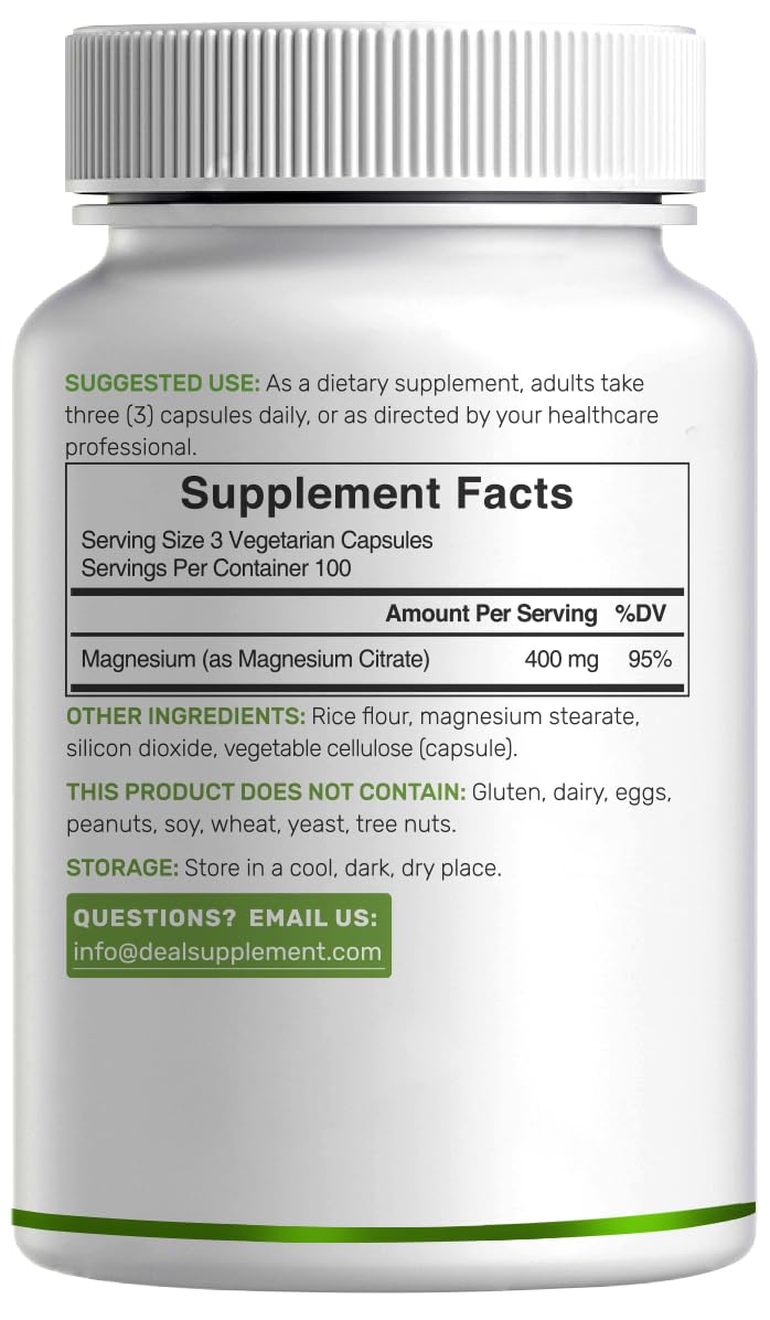 DEAL SUPPLEMENT Magnesium Citrate 400mg - 300 Vegetarian Capsules - image 3