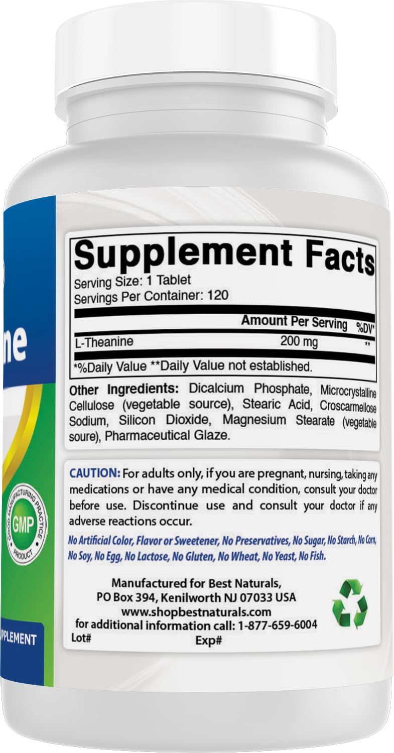 Best Naturals L-Theanine 200mg Tablets for Relaxation - 120 Vegetarian Tablets - image 6