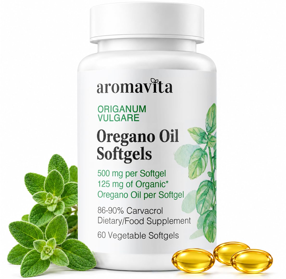 AROMAVITA Organic Greek Oil of Oregano Softgels 86-90% Carvacrol - 60 Softgels