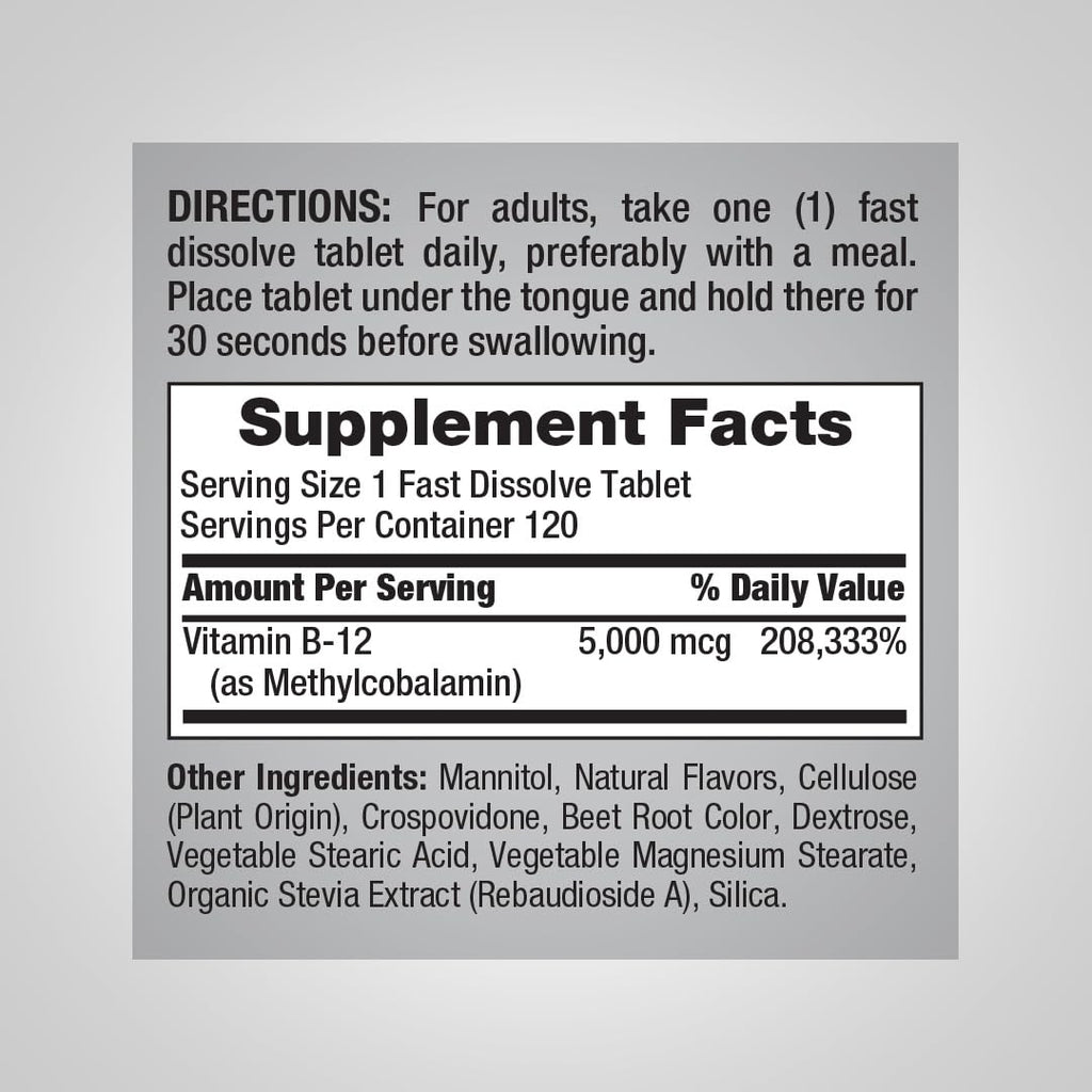 Piping Rock B12 Vitamin 5000 mcg - 120 Tablets - image 2