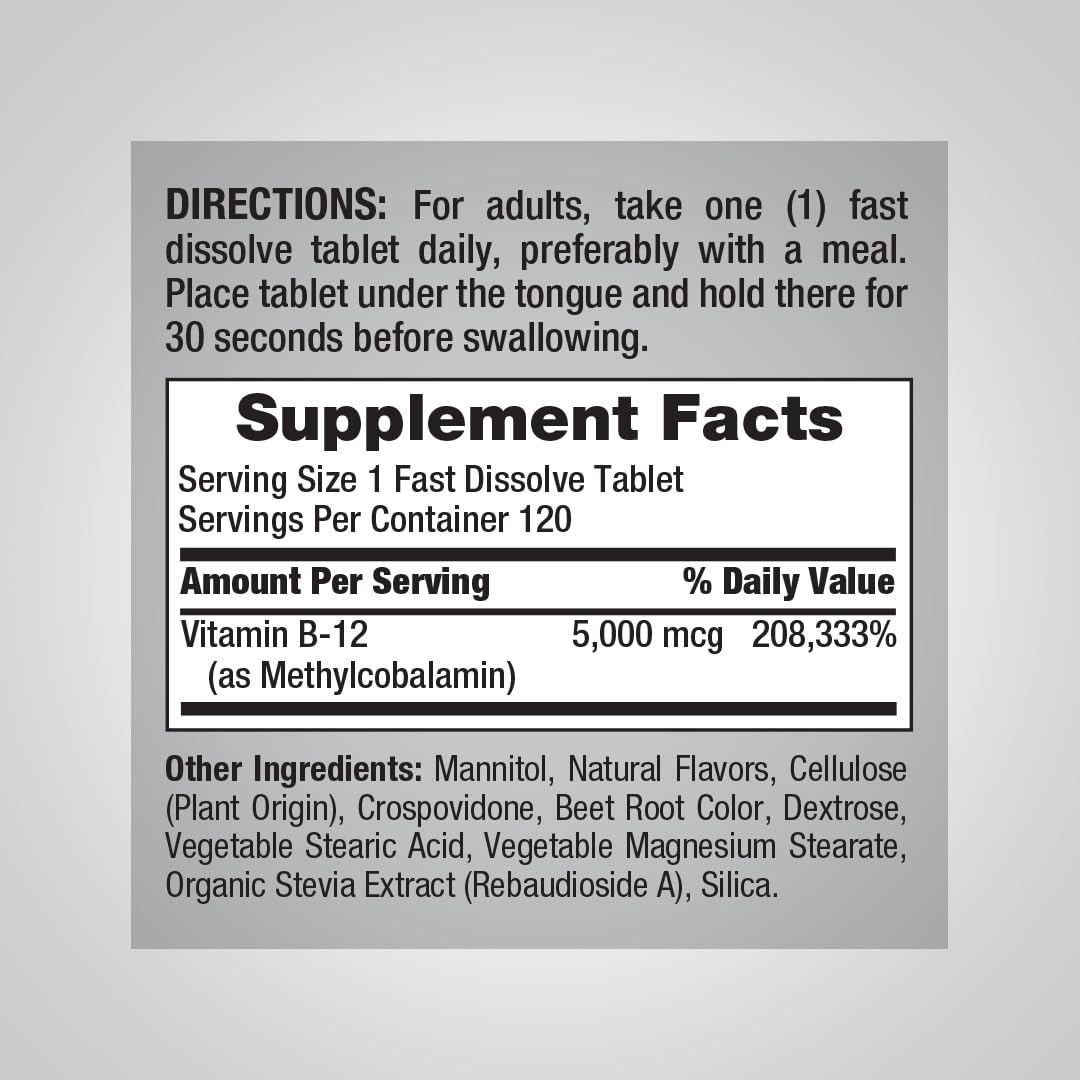 Piping Rock B12 Vitamin 5000 mcg - 120 Tablets - image 2