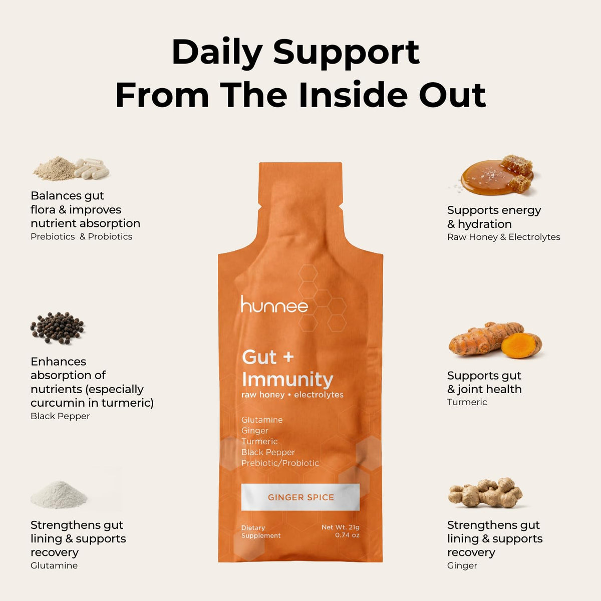 Hunnee H Gut + Immunity Raw Honey Ginger Spice - 14 x 21g - image 2
