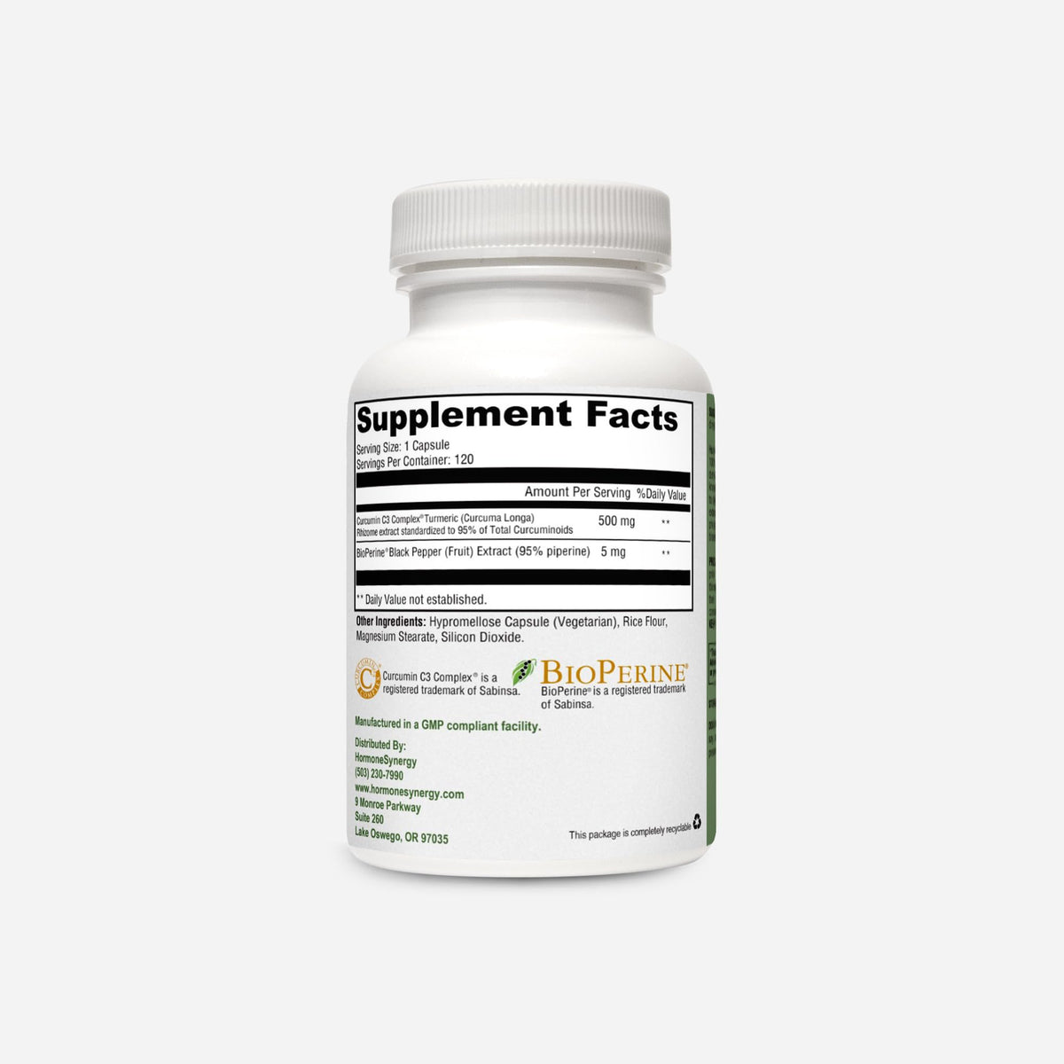 HormoneSynergy Curcumin C3 Complex with BioPerine - 120 Capsules - image 3