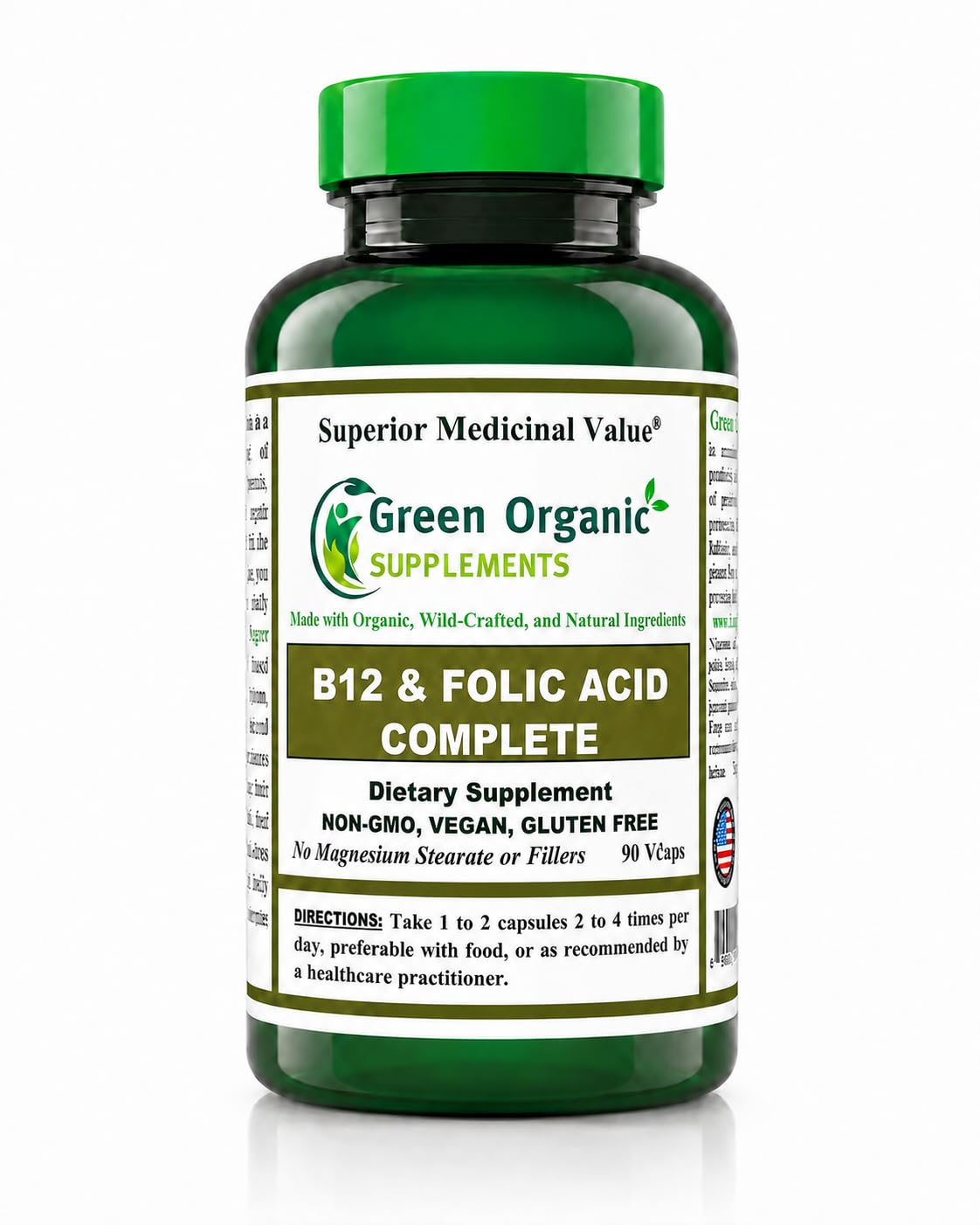 Green Organic Supplements Vitamin B12 & Folic Acid Complete - 90 Capsules