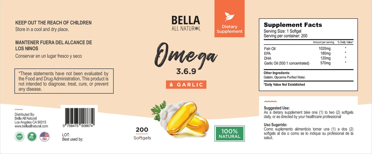 Bella All Natural Omega 3 6 9 with Garlic Oil - 200 Softgels - image 4