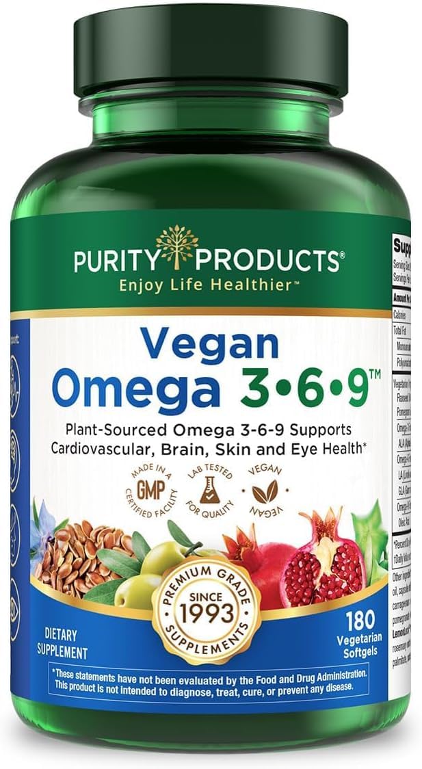 Purity Products Vegan Omega 3 6 9 Essential Fatty Acid Complex - 180 Softgels