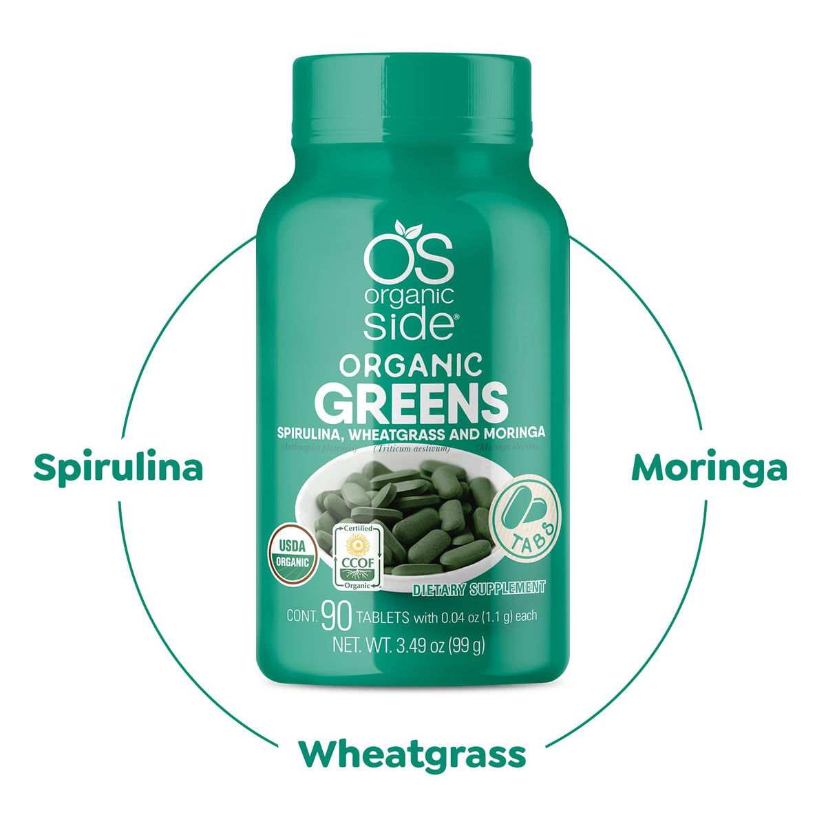 OS Organic Side Organic Greens Spirulina Wheatgrass Moringa - 90 Tablets - image 5