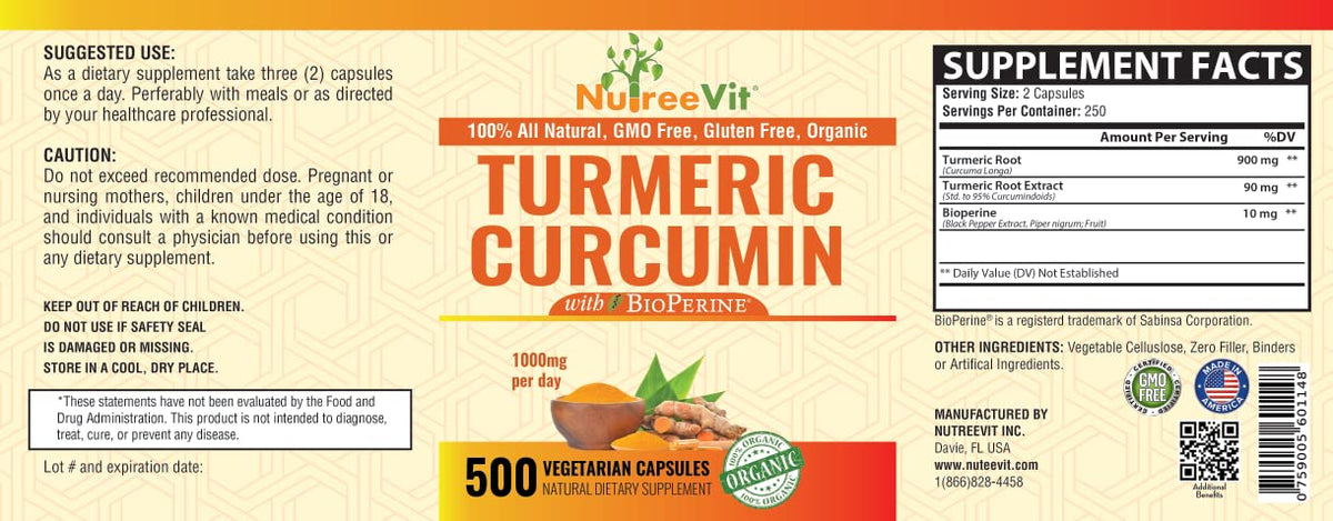 NutreeVit Pure Turmeric Curcumin High Potency - 180 Capsules - image 2