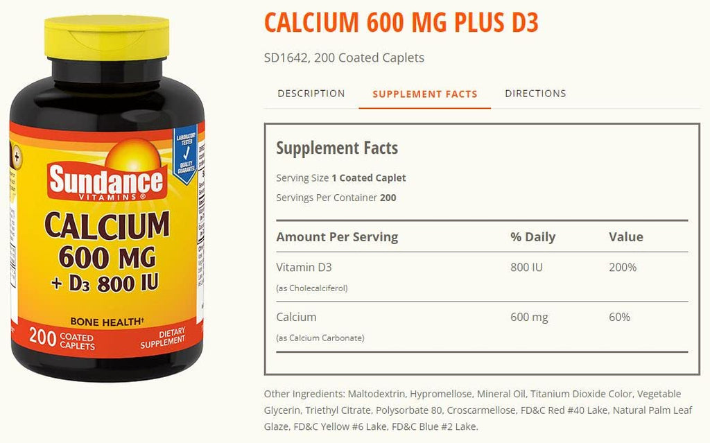 Sundance Calcium 600 mg + Vitamin D3 800 IU - 200 Caplets - image 4