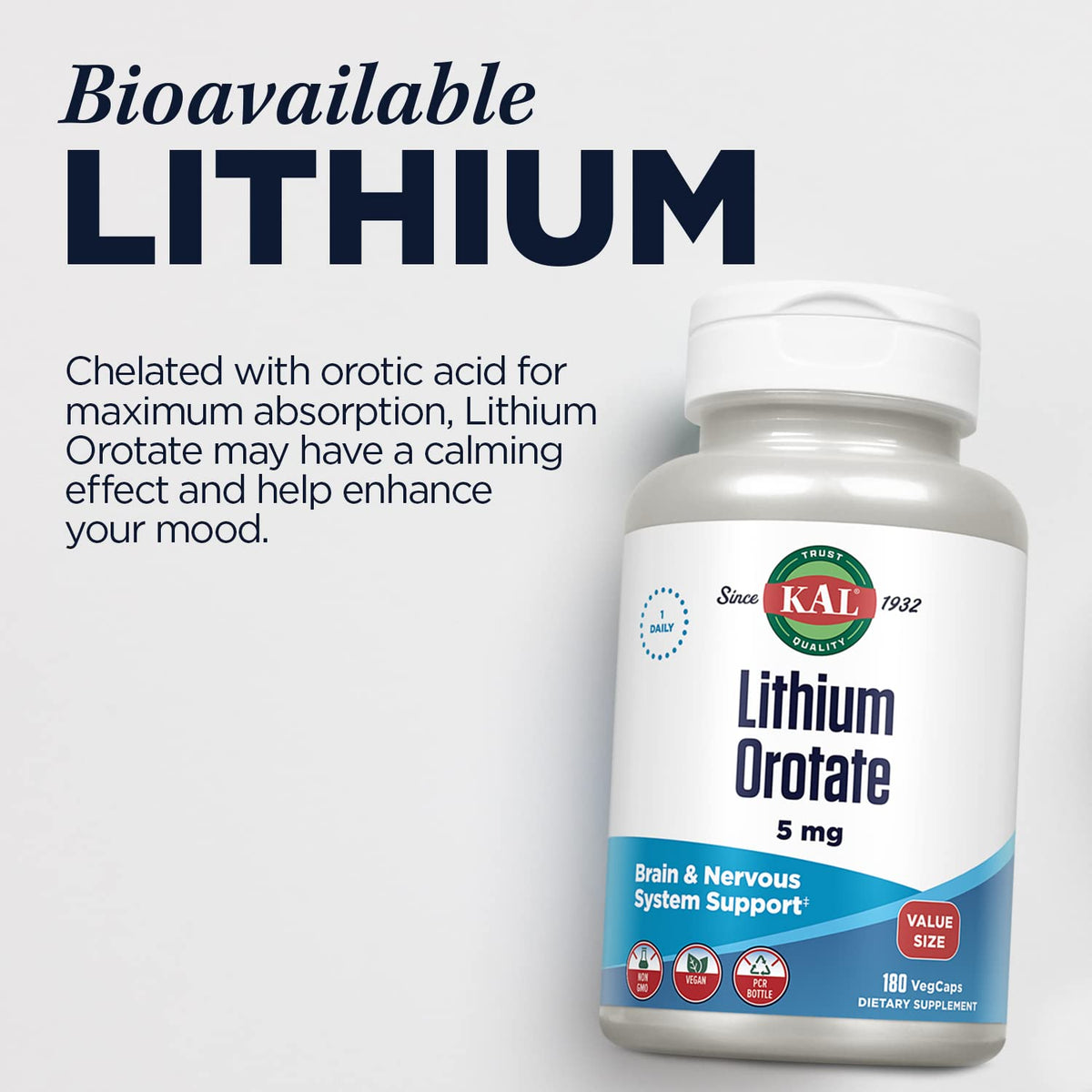 KAL Lithium Orotate 5 mg - 180 Vegetarian Capsules - image 5