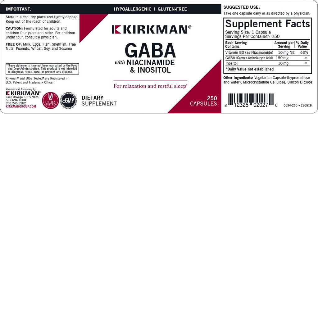 Kirkman GABA with Niacinamide & Inositol 150 mg - 250 Capsules - image 3