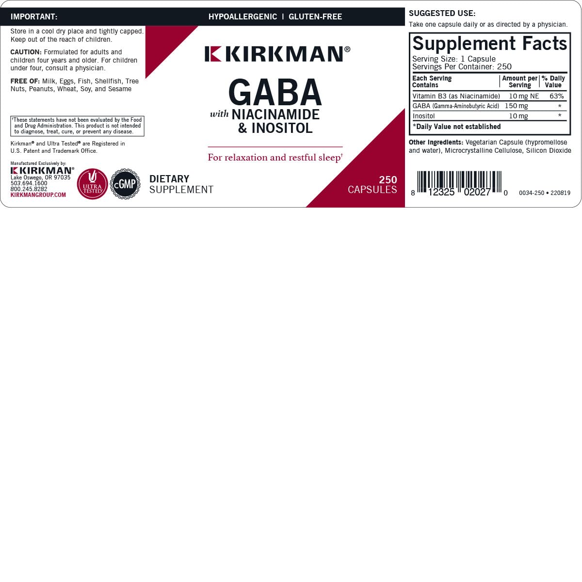 Kirkman GABA with Niacinamide & Inositol 150 mg - 250 Capsules - image 3
