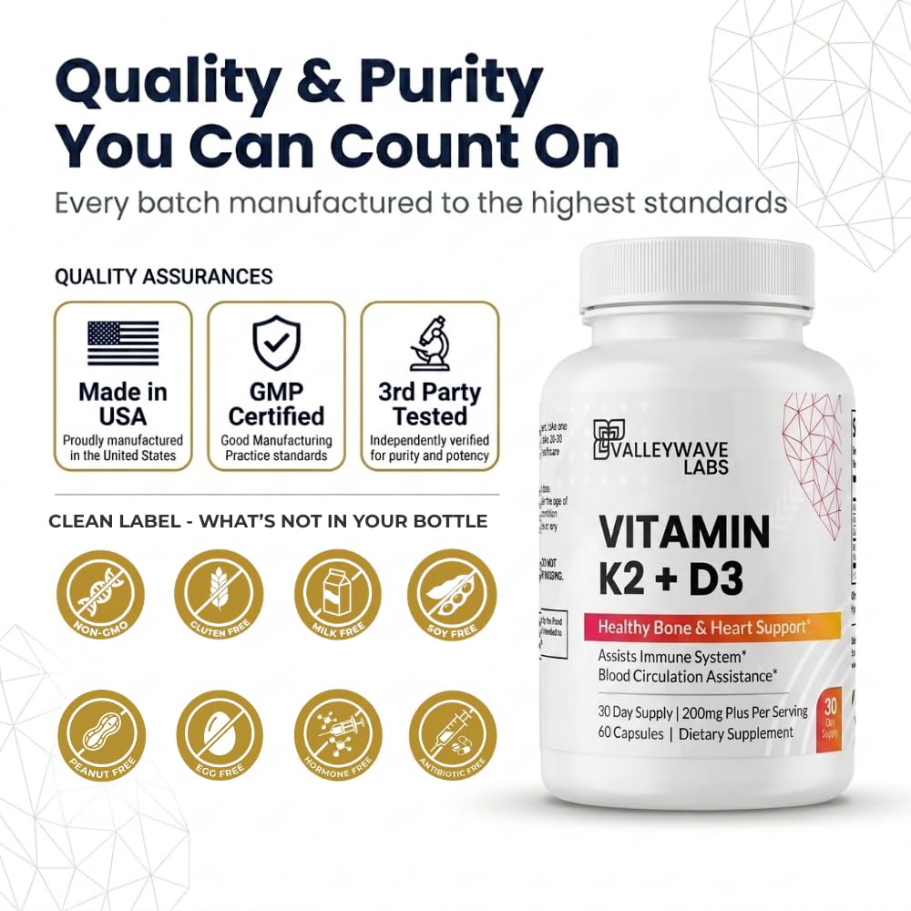 Valleywave Labs Vitamin D3 5000 IU + K2 MK7 with Calcium - 60 Capsules - image 5