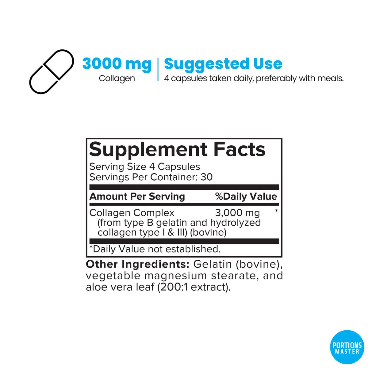Portions Master Collagen 3000mg Type I & III - 120 Capsules - image 2