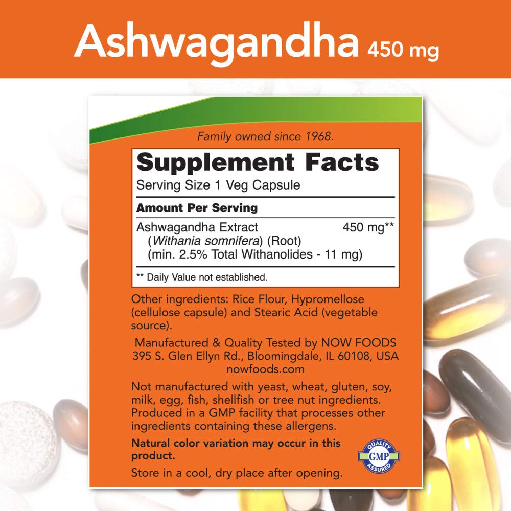 NOW Foods Ashwagandha Extract 450mg Adaptogen - 180 Vegetarian Capsules - image 2