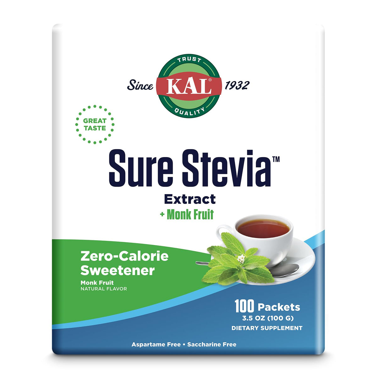 KAL Sure Stevia Plus Monk Fruit Sweetener - 100 Packets