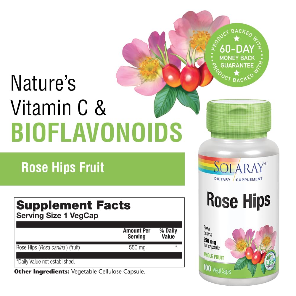 Solaray Rose Hips 550 mg Herbal Support - 100 Vegan Capsules - image 3