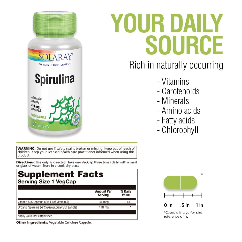 SOLARAY Spirulina Algae 410 mg Supplement - 100 Vegetarian Capsules - image 2