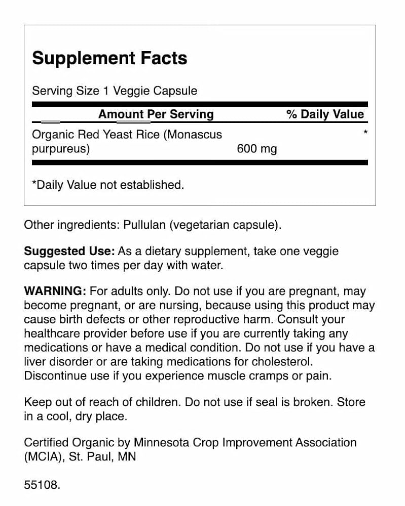Swanson Organic Traditional Red Yeast Rice 600 mg - 180 Vegetarian Capsules - image 2