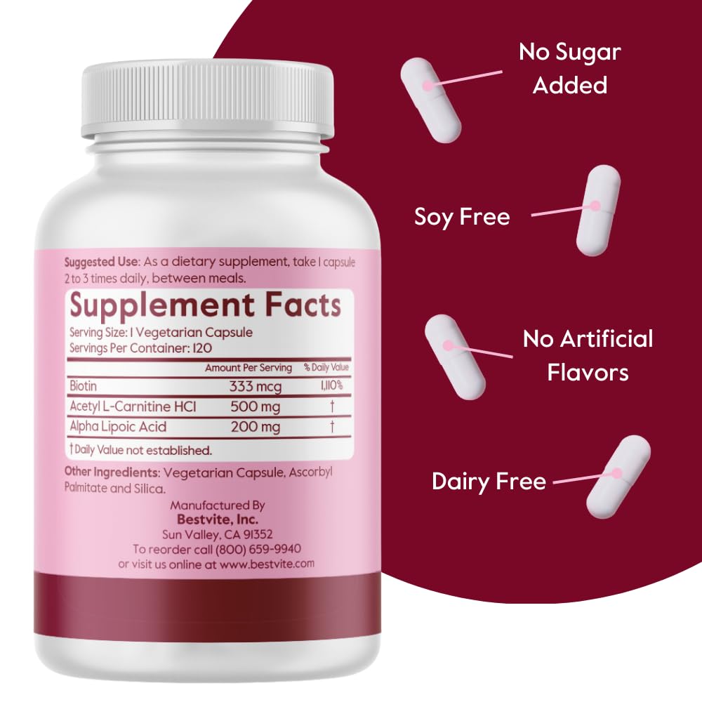 BESTVITE Acetyl L-Carnitine 500mg & Alpha Lipoic Acid - 240 Capsules - image 3