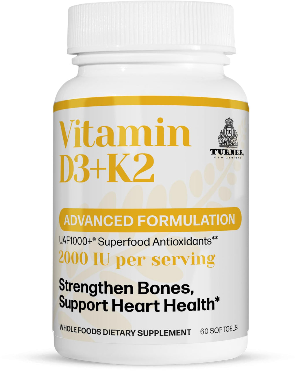 Turner Vitamin D3 and K2 Softgels for Bone Health - 60 Softgels