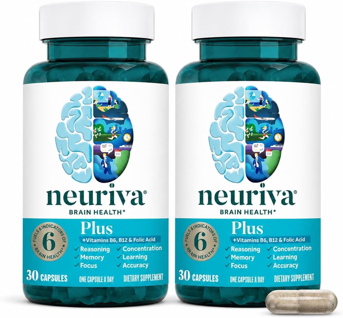NEURIVA Plus Brain Supplement for Memory, Focus & Concentration - 60 Capsules