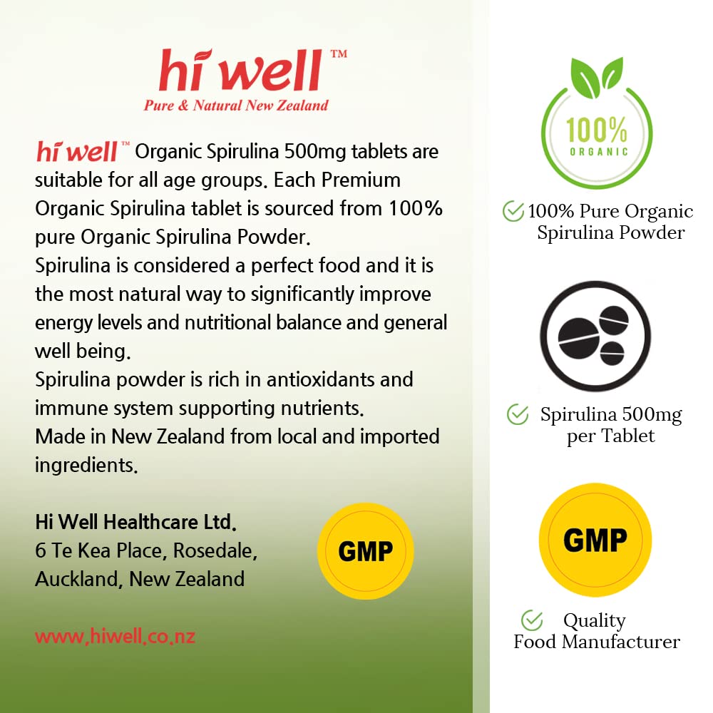 Hi Well Premium Spirulina 500mg Organic - 500 Tablets - image 6