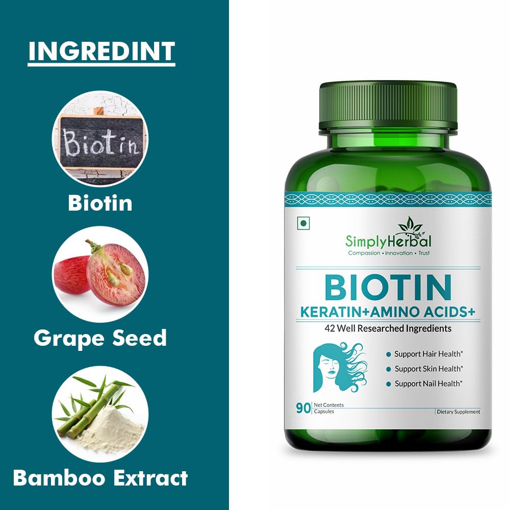 Simply Herbal Biotin Vitamin B7 for Hair, Skin & Nails - 90 Vegetarian Capsules - image 4
