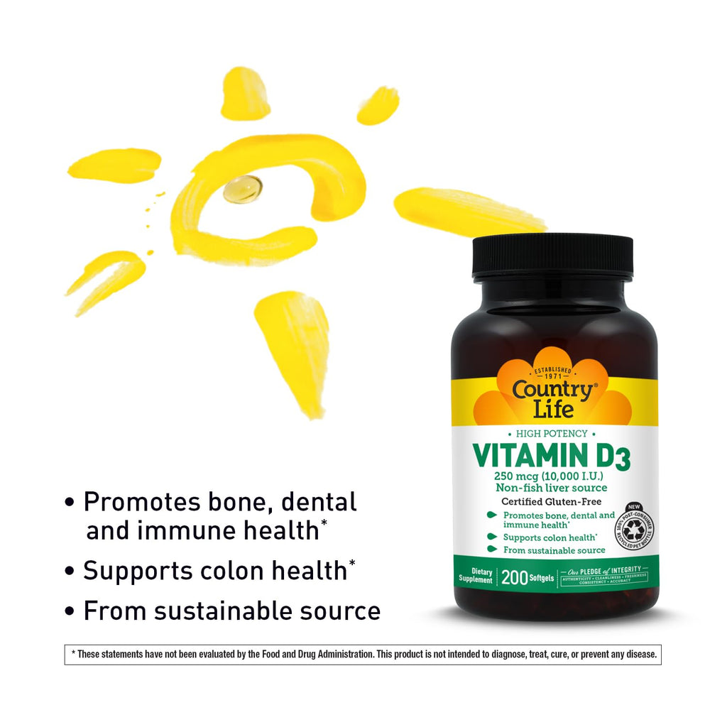 Country Life Vitamin D3 10,000 IU High Potency Non-Fish - 200 Softgels - image 4