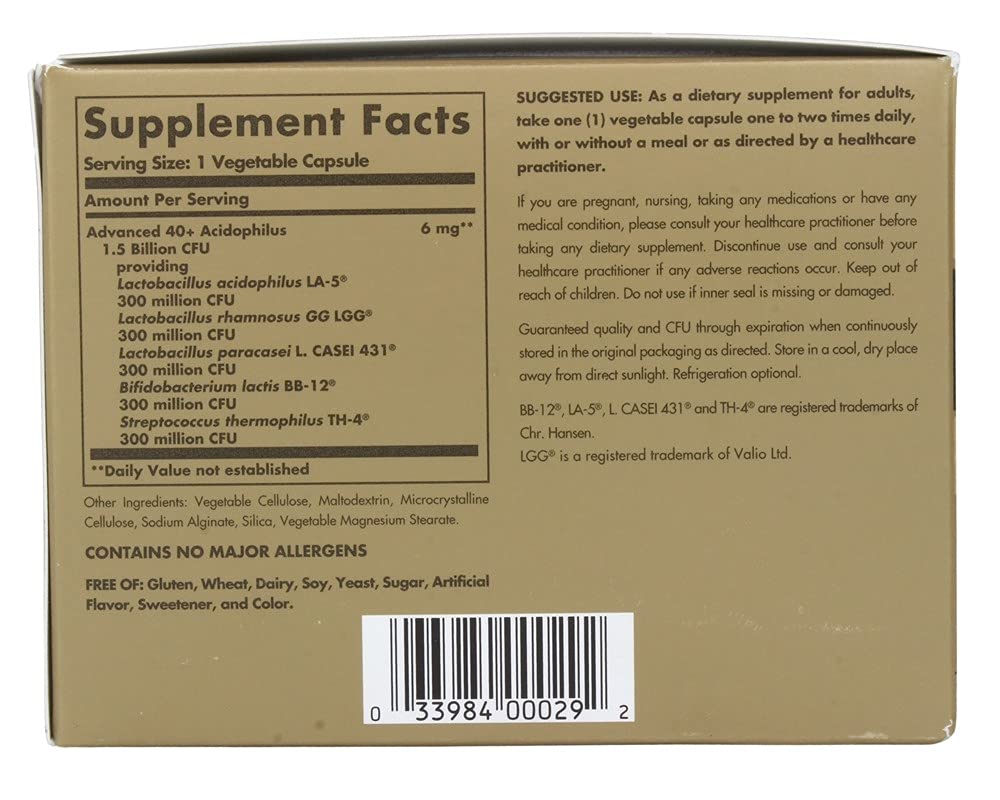 Solgar Advanced 40+ Acidophilus 1.5 Billion CFU - 120 Vegetarian Capsules - image 2