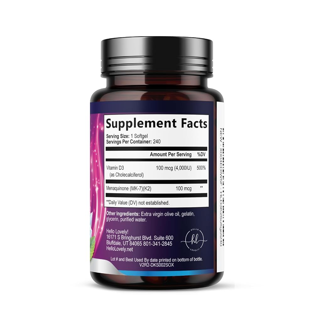 Hello Lovely! Vitamin D with K2 (MK-7) - Vitamin D3 4000IU (125mcg)