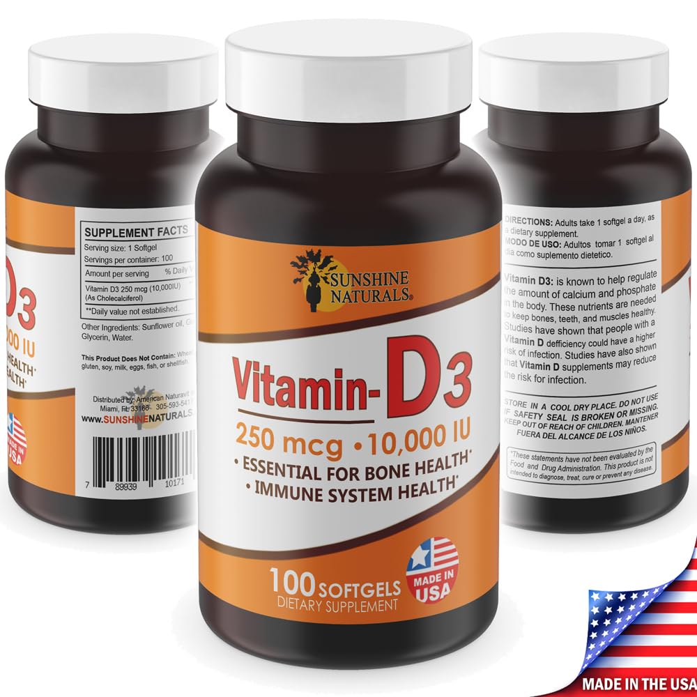 Sunshine Naturals Vitamin D3 10,000 IU - 100 Softgels - image 5