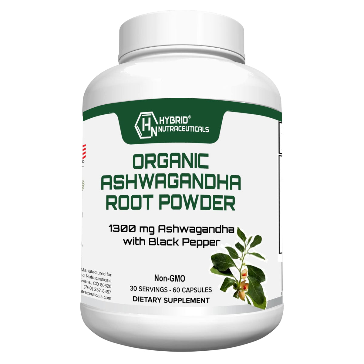 Hybrid Nutraceuticals Organic Ashwagandha 1300mg - 60 Capsules