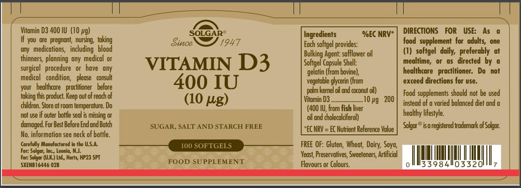 Solgar Vitamin D3 400 IU - 100 Softgels - image 2