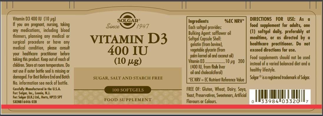 Solgar Vitamin D3 400 IU - 100 Softgels - image 2