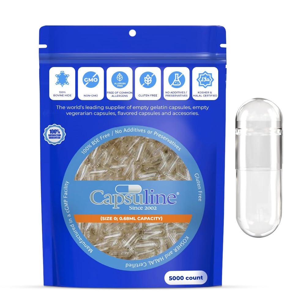 Capsuline Size 0 Empty Gelatin Capsules Clear - 5000 Count