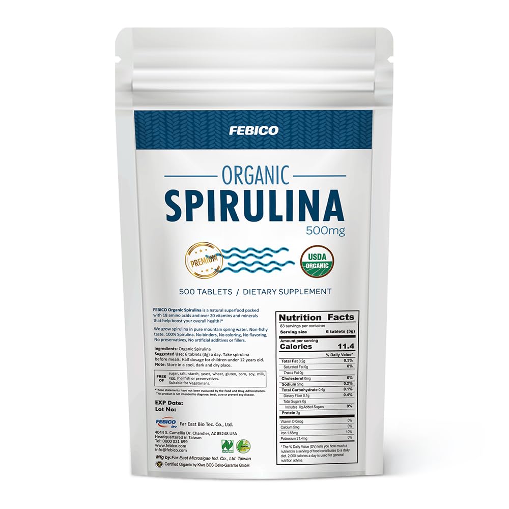 FEBICO Organic Spirulina Tablets - 500 Count