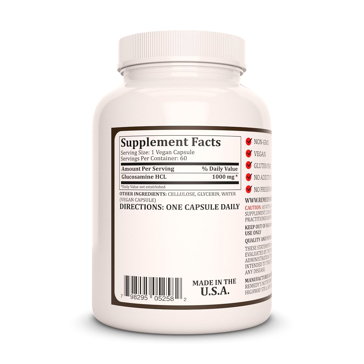 Remedy's Nutrition Glucosamine HCL 1,000 mg - 60 Vegan Capsules - image 2