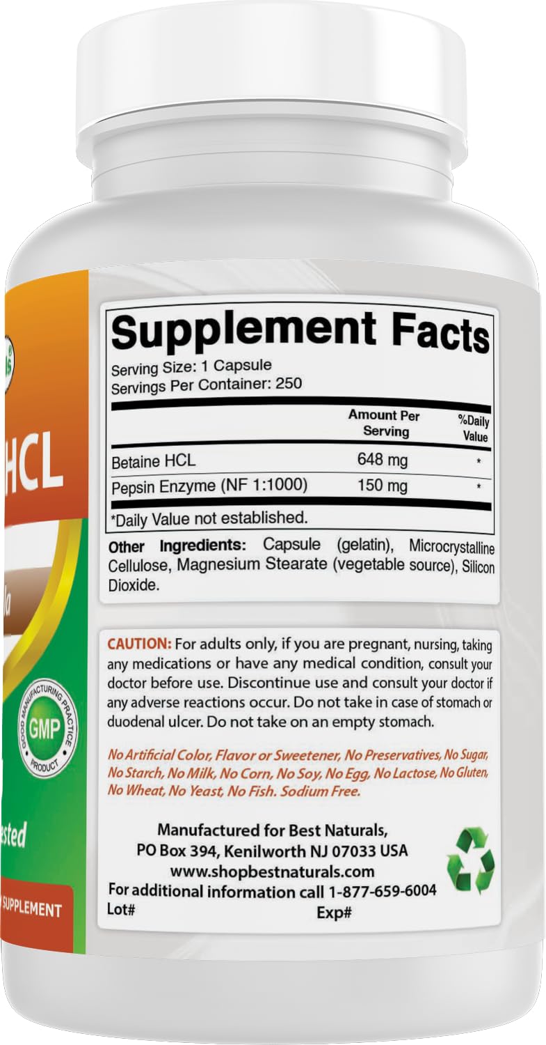 Best Naturals Betaine HCL 648 mg - 250 Capsules - image 6