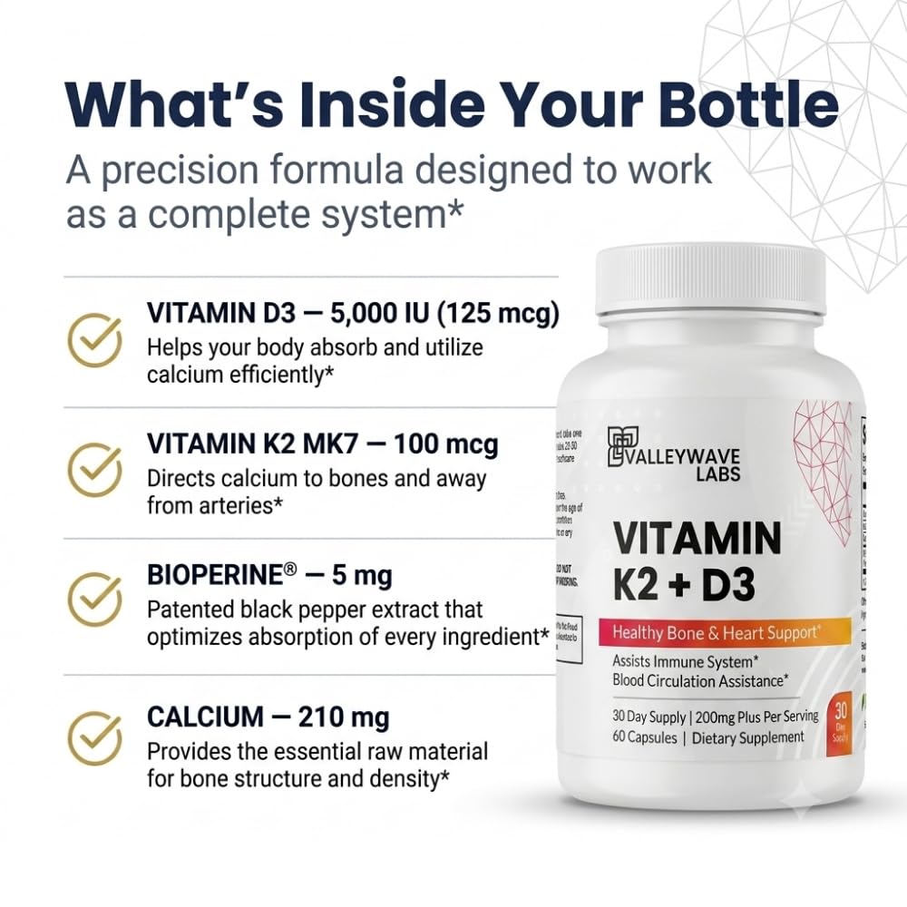 Valleywave Labs Vitamin D3 5000 IU + K2 MK7 with Calcium - 60 Capsules - image 3