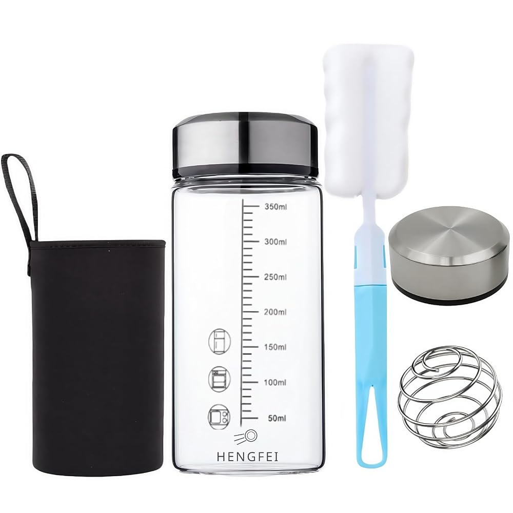 HENGFEI Glass Protein Shaker Bottle 12oz with Stainless Steel Lids