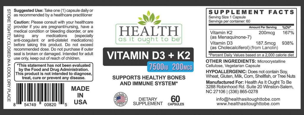 Health As It Ought To Be D3 + K2 Vitamin Supplement - 60 Capsules - image 2