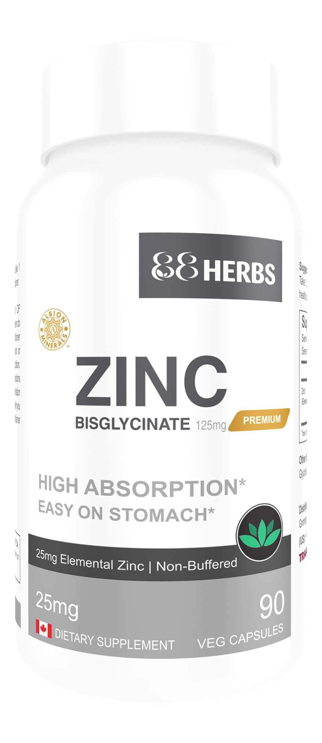 88herbs Zinc Bisglycinate 25 mg Immune Support - 90 Vegetarian Capsules