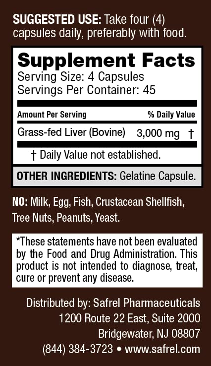Safrel Grass Fed Desiccated Beef Liver Capsules - 180 Count - image 4