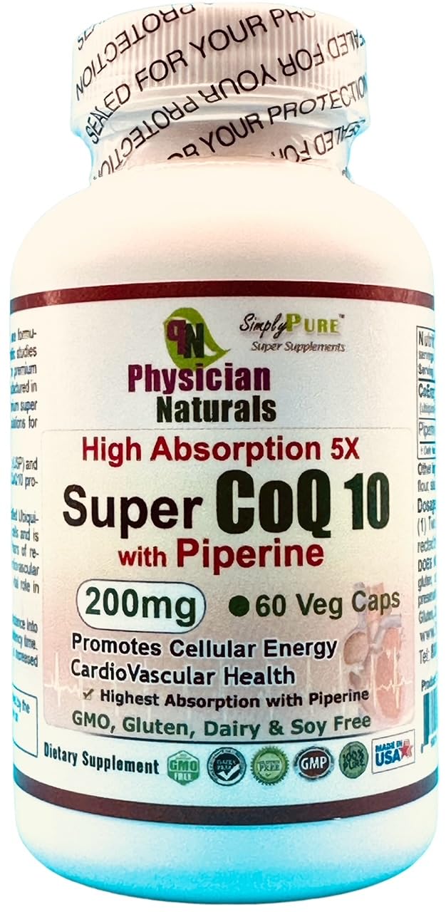 Physician Naturals Super CoQ10 200 mg with Piperine - 60 Vegetarian Capsules