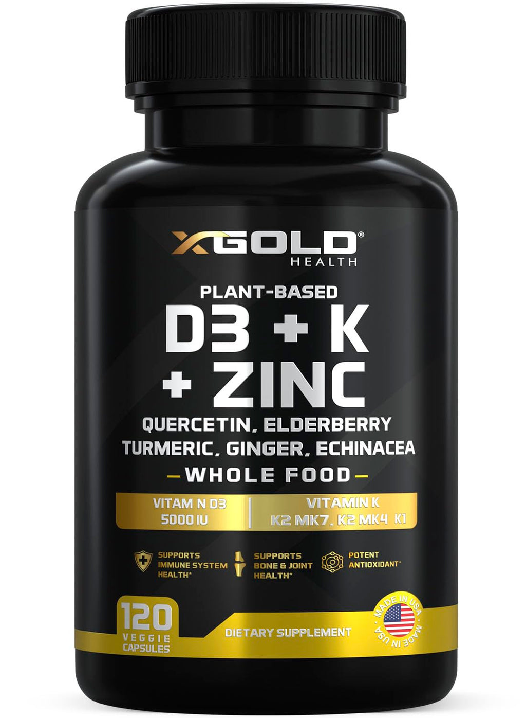 X Gold Health Vitamin D3 K2 K1 Zinc Quercetin Complex - 120 Capsules