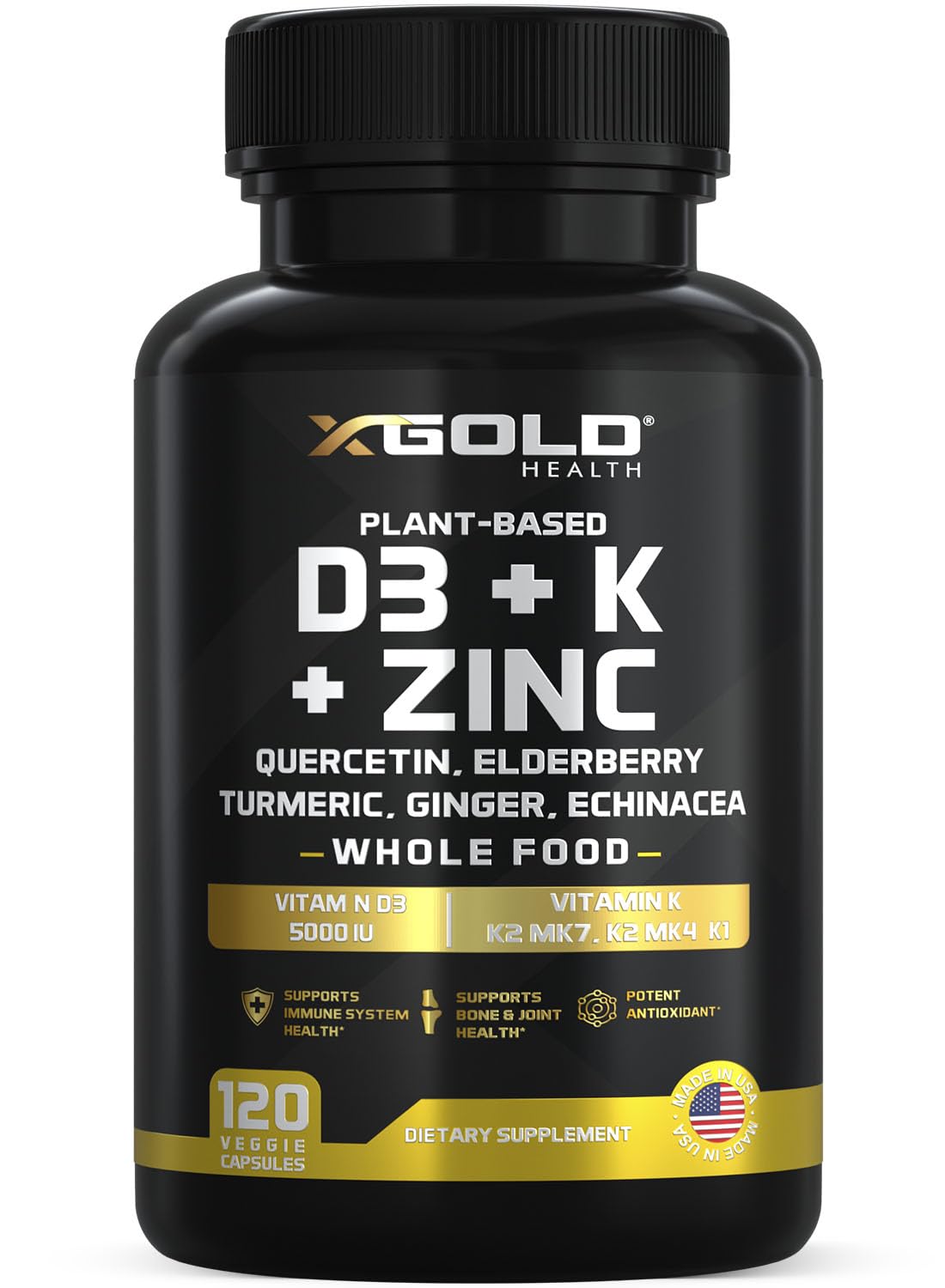 X Gold Health Vitamin D3 K2 K1 Zinc Quercetin Complex - 120 Capsules