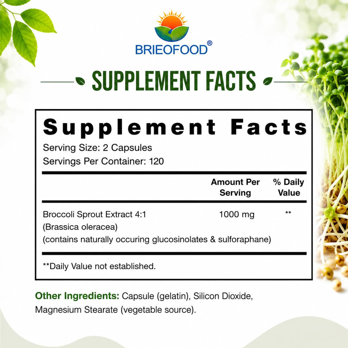 Brieofood Broccoli Sprout Extract 1000 mg - 240 Capsules - image 3