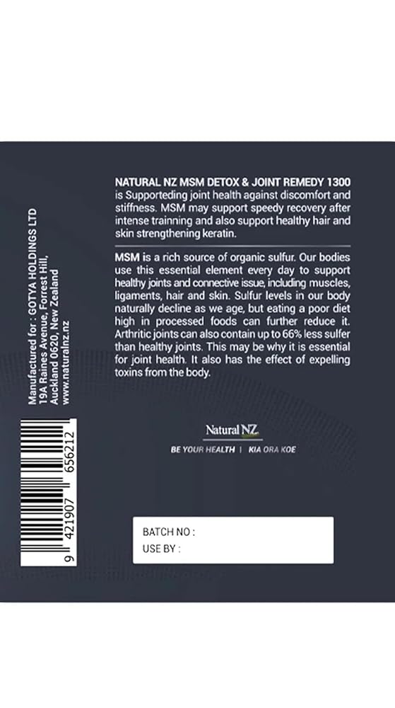 Natural NZ Premium MSM Detox Joint Remedy 1300 120 Capsules